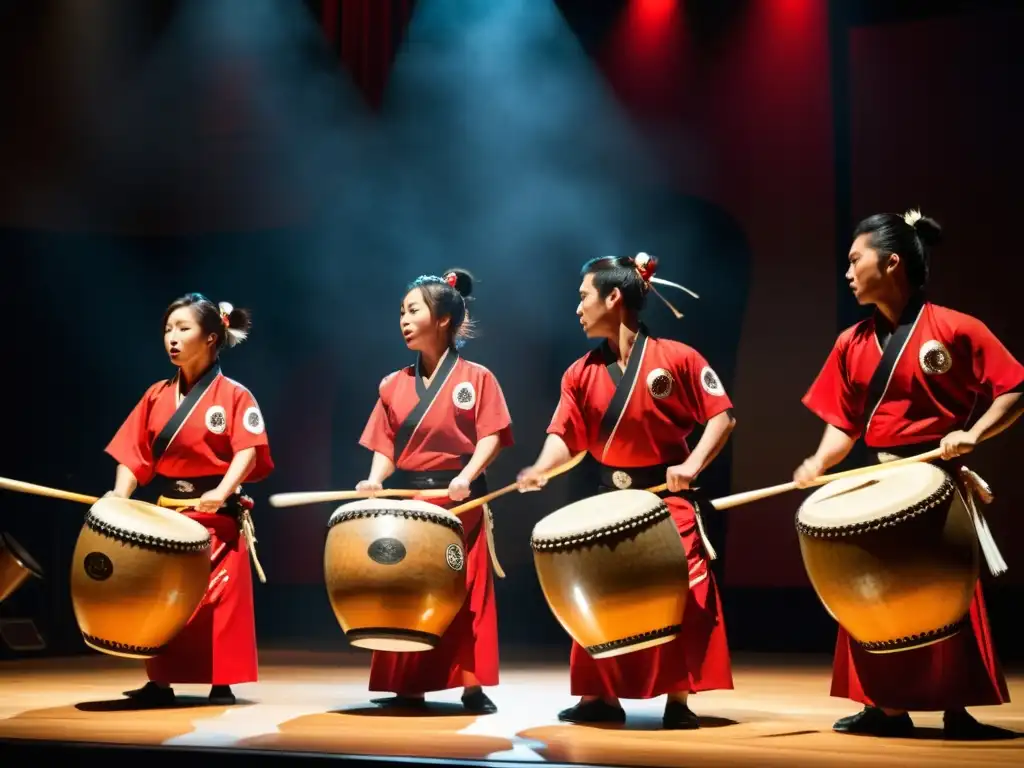 Intensidad y precisión: Taiko japoneses en escena Danzas tradicionales japonesas con tambores: Intensidad y energía en la actuación de taiko, con movimientos dinámicos y atmósfera impactante