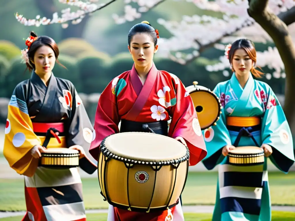 Taiko Drummers: Intensidad y Tradición Japonesa Danzas tradicionales japonesas con tambores: Grupo de taiko en kimono vibrante, ejecutando con intensidad en un jardín de cerezos en flor