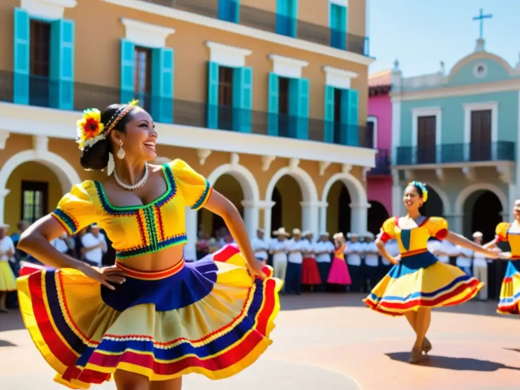 Danzas tradicionales corazón América Latina: Grupo de bailarines en trajes coloridos realizando una danza animada en una plaza soleada