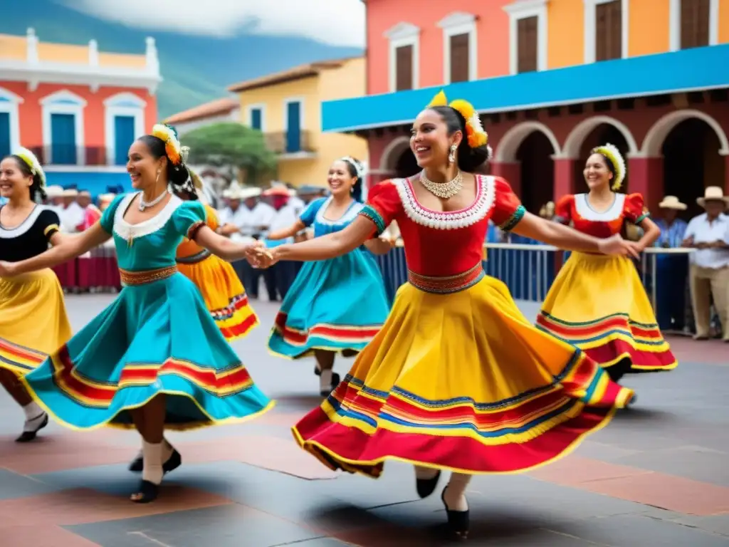 Danzas tradicionales corazón América Latina: Bailarines en vibrantes trajes coloridos danzan en una plaza animada, rodeados de espectadores sonrientes