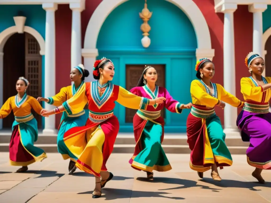 Danzas tradicionales desafían leyes: Grupo de bailarines en trajes coloridos ejecutan una danza vibrante frente a arquitectura histórica