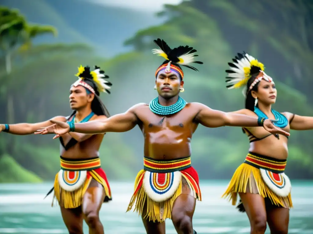 Danzas tradicionales de invocar lluvia: Ceremonia de baile Oceaniano, expresiones intensas en trajes vibrantes, en un exuberante paisaje tropical