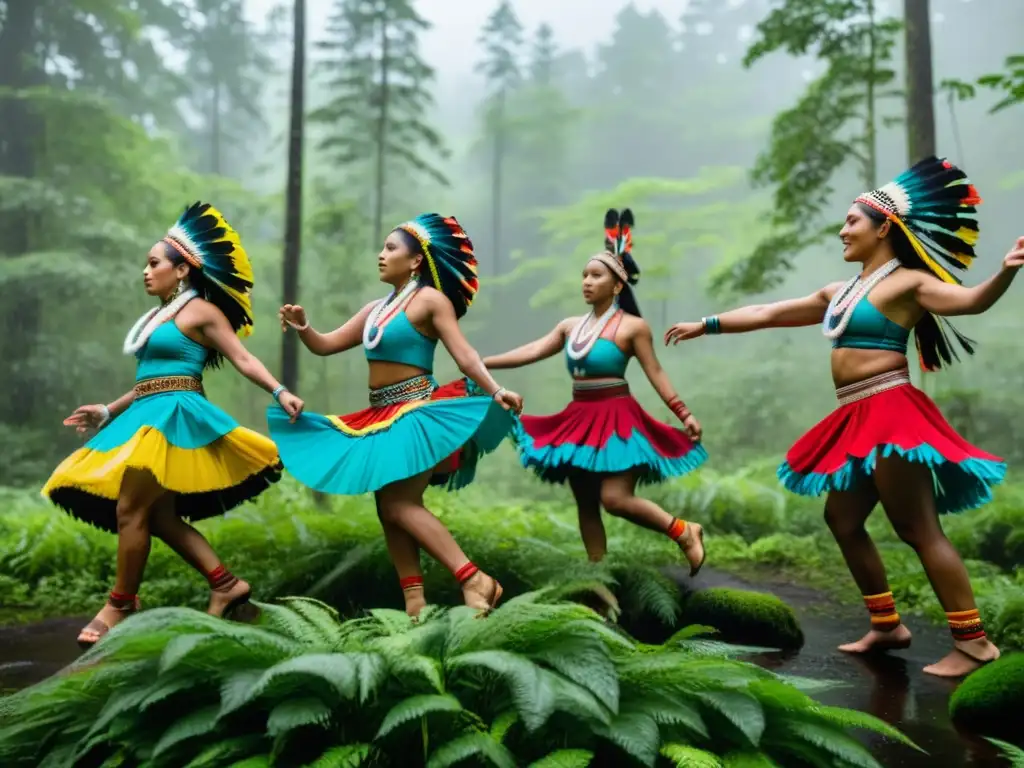 Danzas tradicionales de invocar lluvia: Grupo de bailarines indígenas danzando en el bosque bajo la lluvia, expresando conexión espiritual