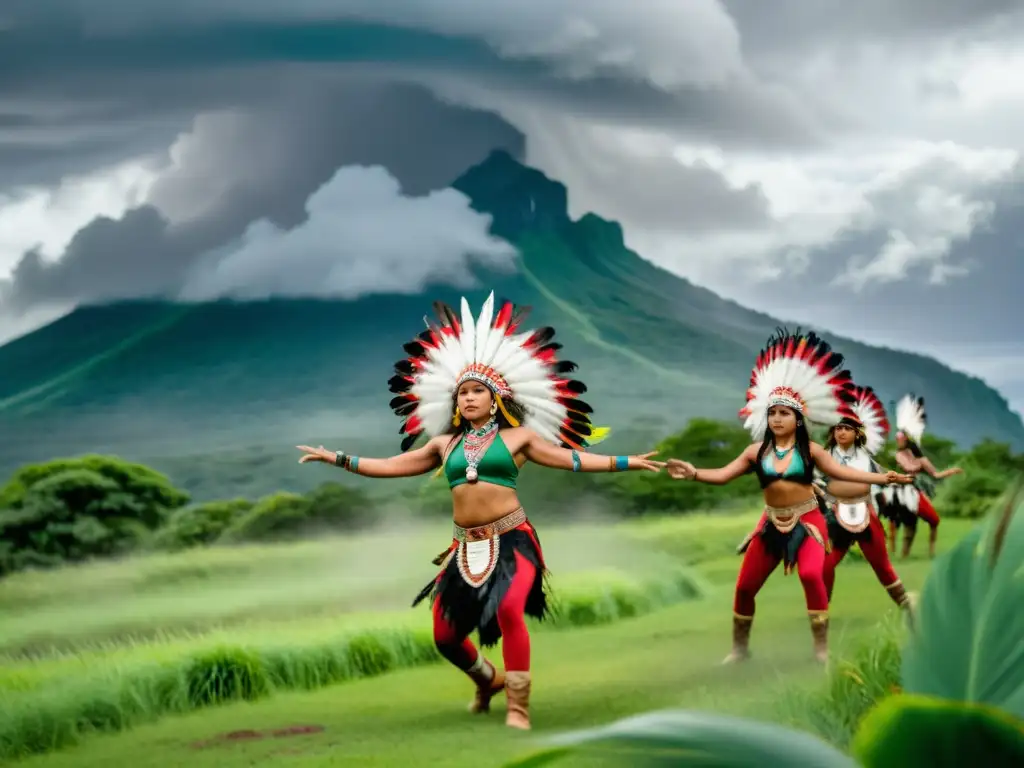 Danzas tradicionales de invocar lluvia: grupo de bailarines indígenas ejecutan ritual bajo nubes oscuras en paisaje exuberante