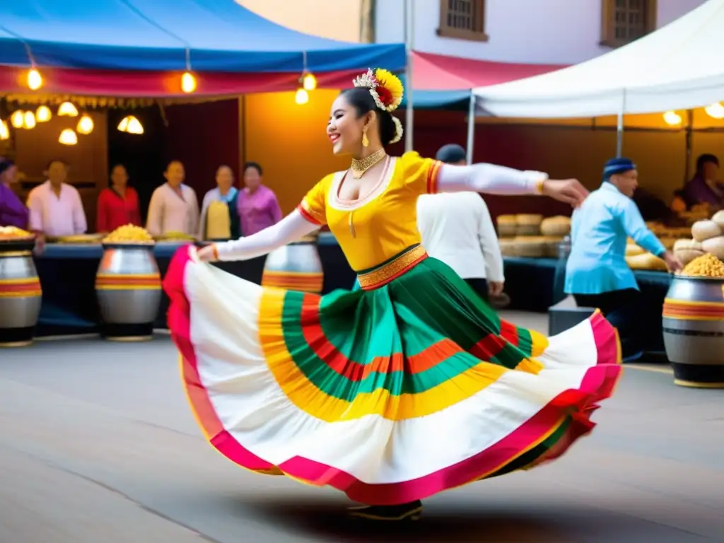 Danzas tradicionales en un mercado vibrante con comida tradicional y coloridos trajes en remolino