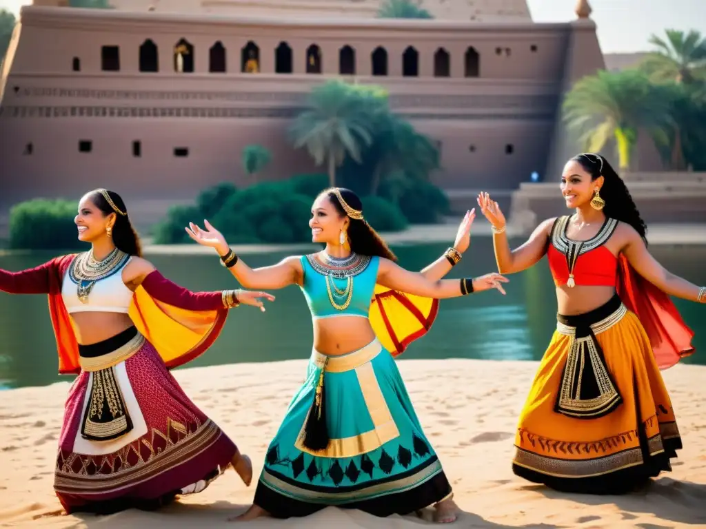 Danzas tradicionales del Nilo: Mujeres egipcias con trajes coloridos realizan un baile Nubio junto al río, expresando orgullo y alegría cultural