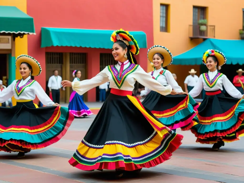 Danzas tradicionales del mundo: Coloridas danzas folclóricas mexicanas en plaza animada con espectadores entusiastas y decoraciones vibrantes