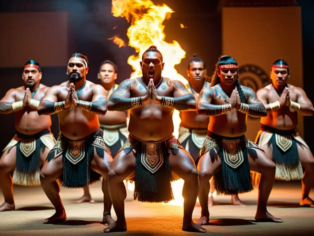 Inmersión en danzas tradicionales del mundo: Grupo de bailarines Maoríes realizando el Haka en un espacio ceremonial con decoración tribal, destacados por el fuego de fondo