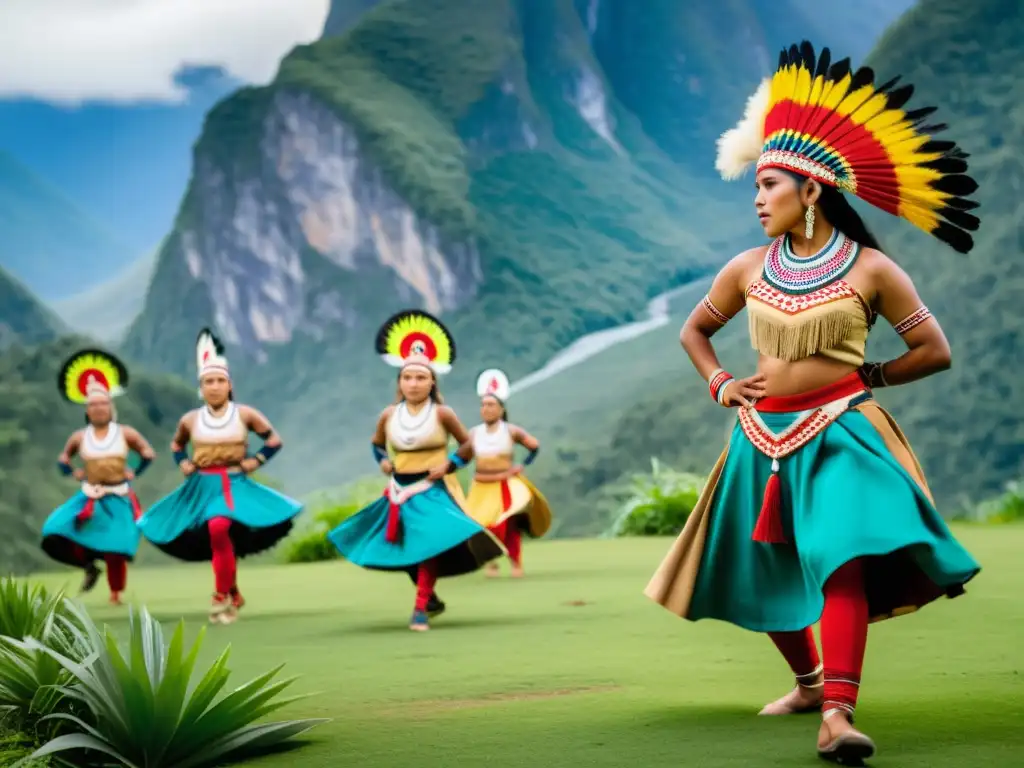 Danzas tradicionales de todo el mundo: Grupo de bailarines indígenas con trajes vibrantes realizando danza ceremonial en paisaje montañoso exuberante