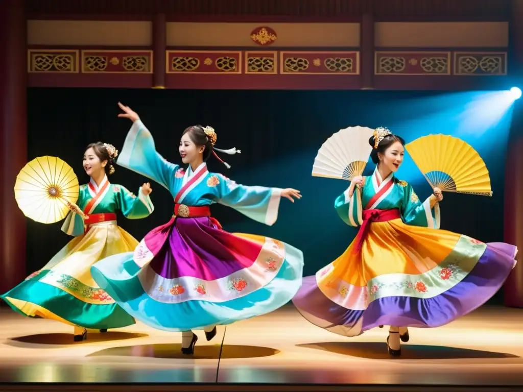 Danzas tradicionales de todo el mundo: Grupo de bailarines coreanos en hanbok, realizando una danza con abanicos en un escenario decorado con linternas y tallas de madera