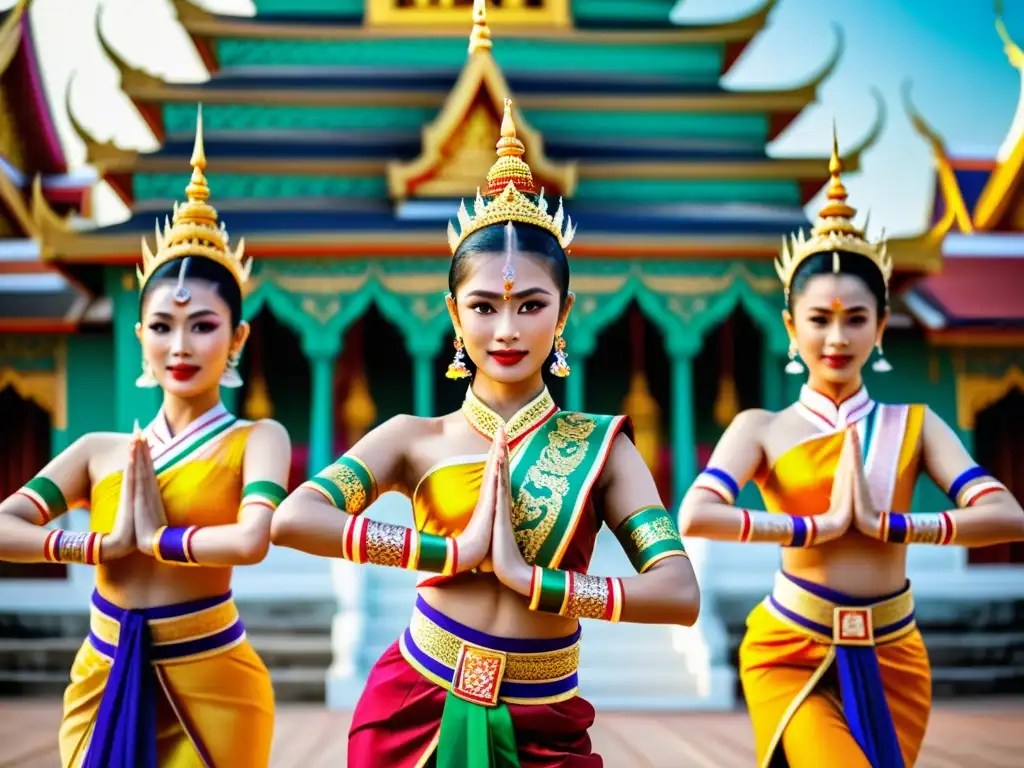 Danzas tradicionales del mundo: Grupo de bailarines tailandeses en trajes coloridos, ejecutan danza elegante frente a templo vibrante