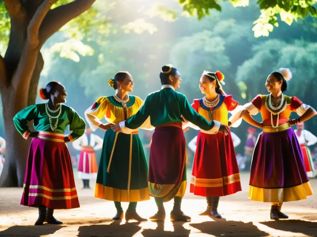 Inmersión en danzas tradicionales del mundo: Grupo de bailarines con trajes vibrantes, unidos en círculo, listos para celebrar su cultura