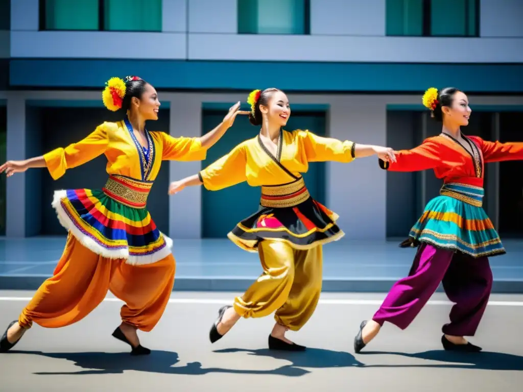 Danzas tradicionales del mundo: Grupo de bailarines con trajes coloridos ejecutan rutina sincronizada en la calle urbana