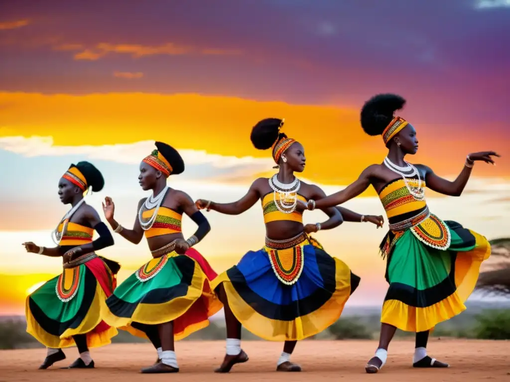 Danzas tradicionales del mundo: Grupo de bailarines africanos en vibrante actuación al atardecer, con trajes coloridos y expresivos movimientos