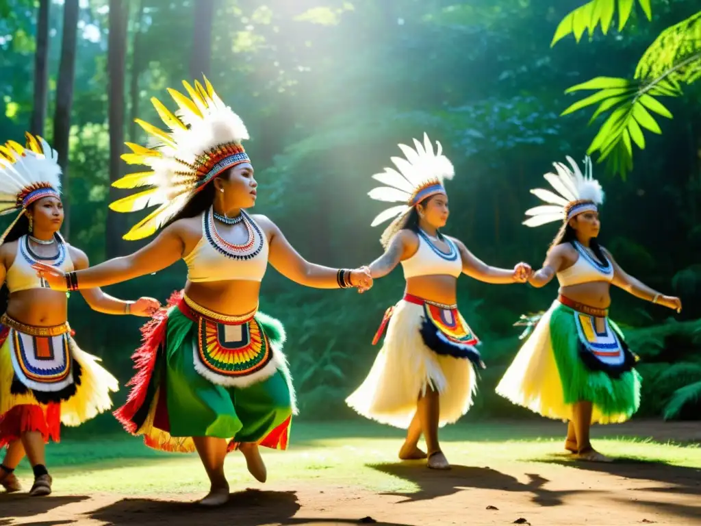 Danzas tradicionales de todo el mundo: Grupo de bailarines indígenas con trajes vibrantes y plumas, realizando una danza ceremonial en la selva