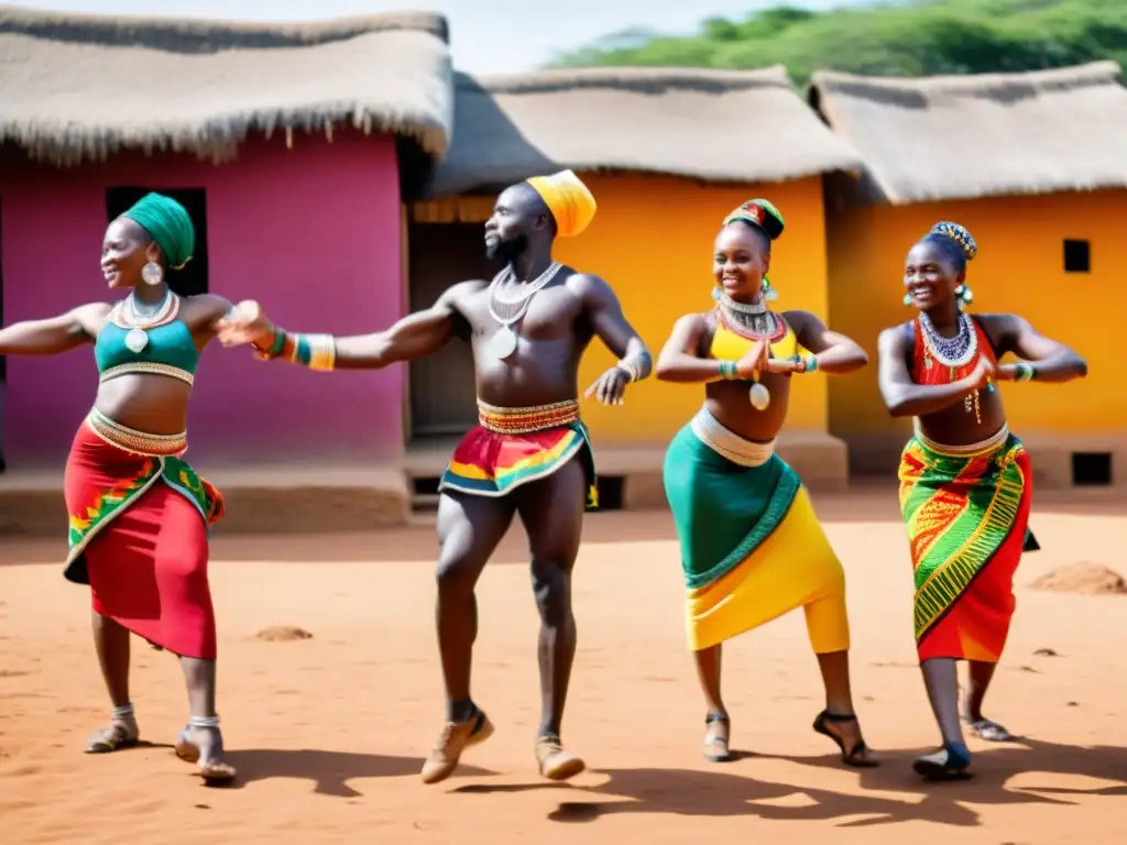 Danzas tradicionales de todo el mundo: Grupo de bailarines africanos con trajes vibrantes, movimientos energéticos y escenario auténtico