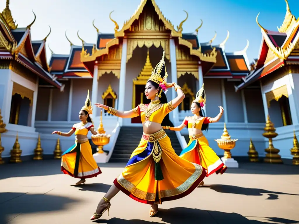 Danzas tradicionales de todo el mundo: Grupo de bailarines tailandeses con trajes elaborados realizando una danza grácil frente a un templo histórico