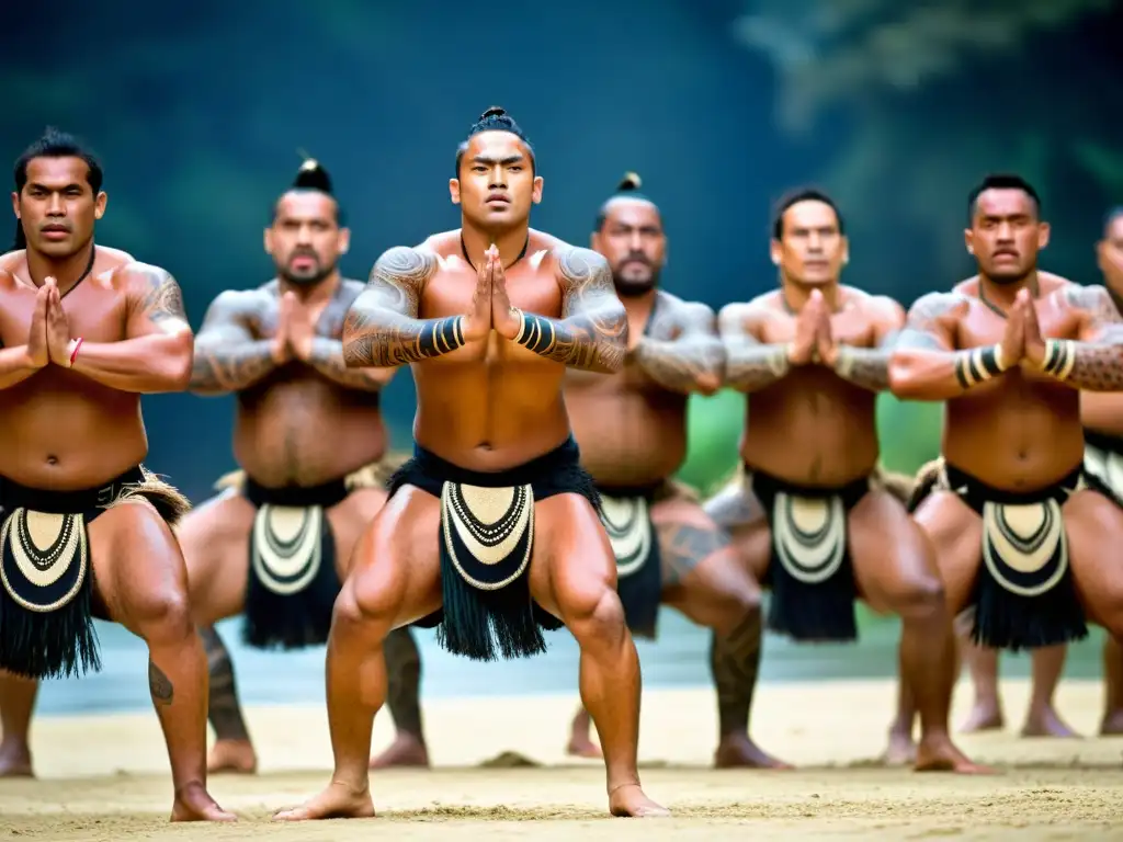 Danzas tradicionales de todo el mundo: Grupo de bailarines maoríes realizando un poderoso haka, con expresiones fieras y movimientos dinámicos