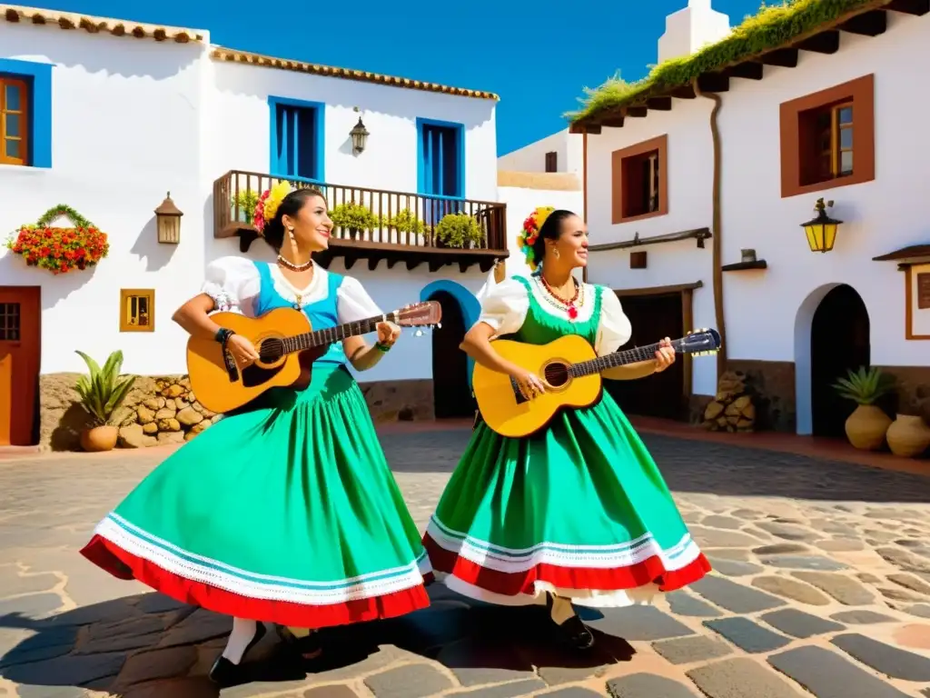 Danzas tradicionales del mundo: Grupo de bailarines canarios con trajes coloridos y música de timple en una plaza tradicional