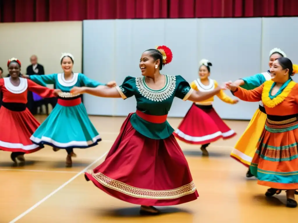 Danzas tradicionales del mundo inclusivas: Grupo diverso bailando con alegría en un centro comunitario vibrante