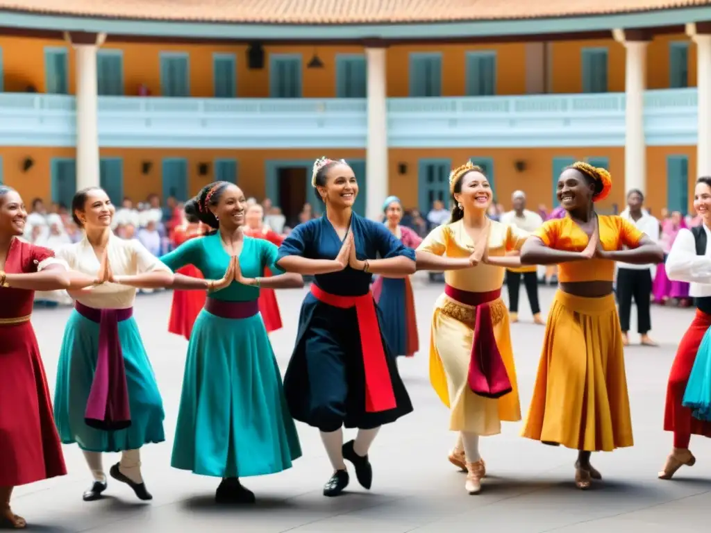 Danzas tradicionales del mundo inclusivas: Diversos bailarines unidos en un círculo, celebrando la diversidad con gracia y alegría en una plaza vibrante