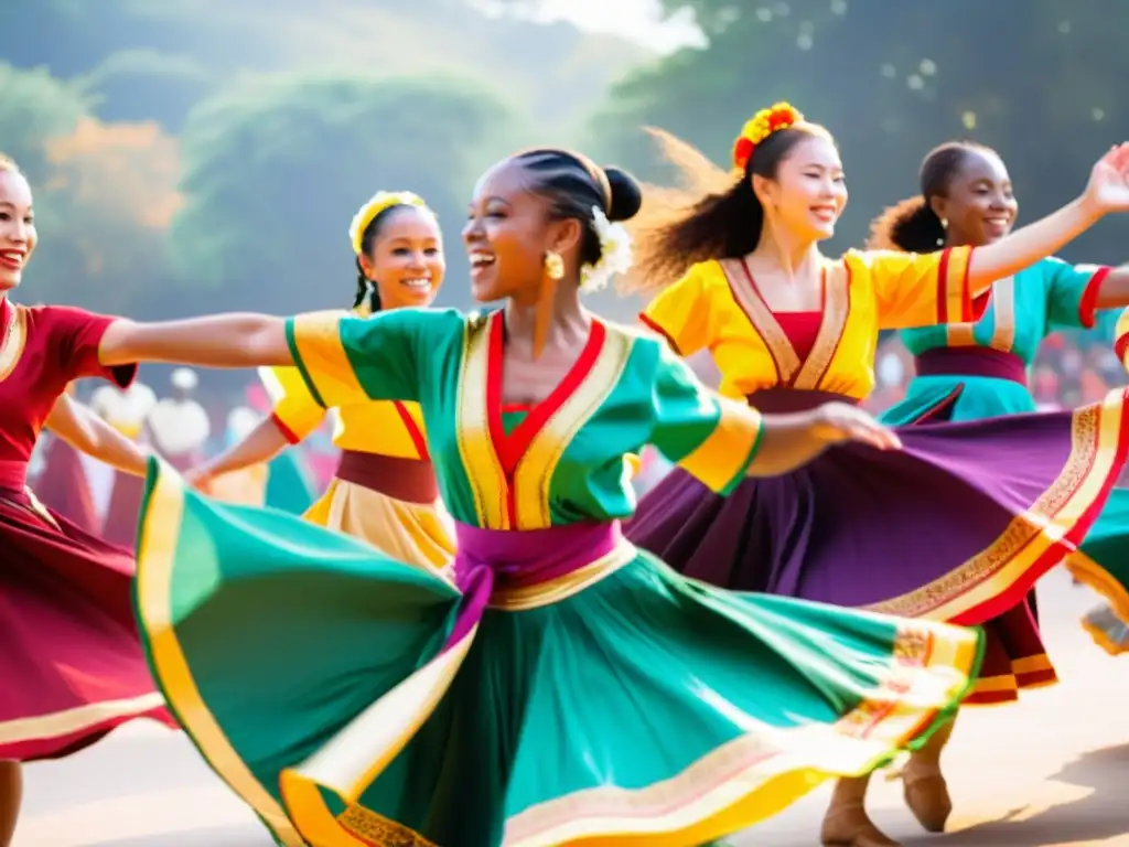 Danzas tradicionales del mundo inclusivas: Grupo de bailarines con trajes tradicionales, irradiando pasión y diversidad cultural