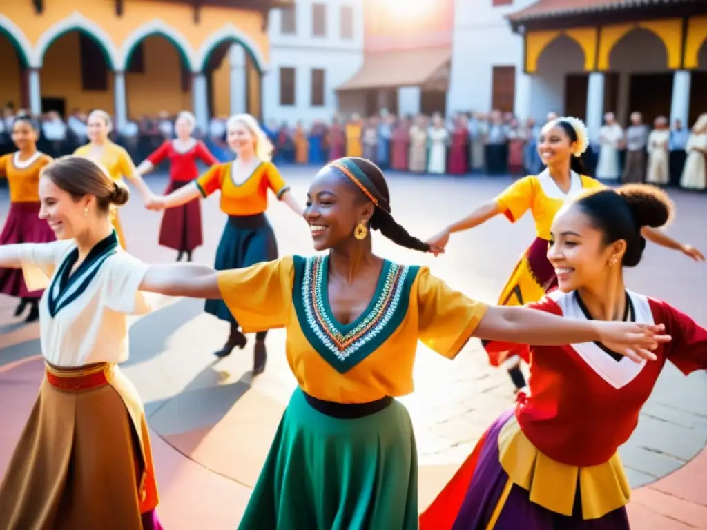 Danzas tradicionales del mundo inclusivas: Grupo de bailarines diversos en trajes tradicionales, danzando alegres en una plaza de ciudad bulliciosa