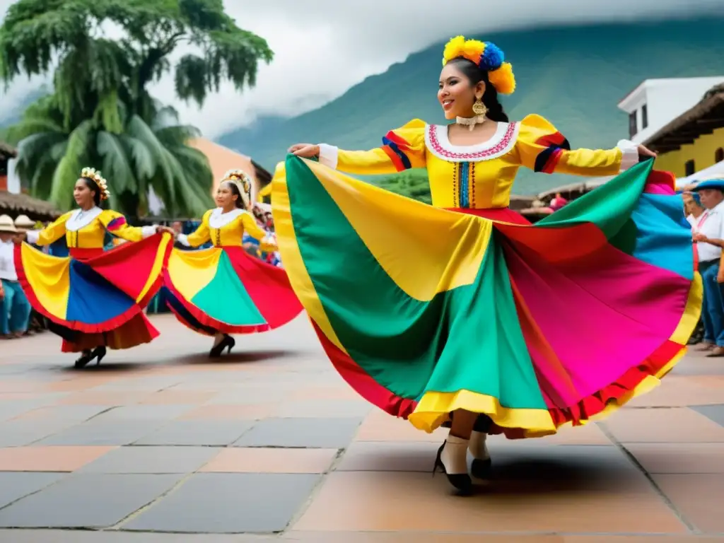 Danzas tradicionales del mundo streaming: Grupo de bailarines colombianos en trajes vibrantes realizando una danza enérgica en una plaza, cautivando a la multitud