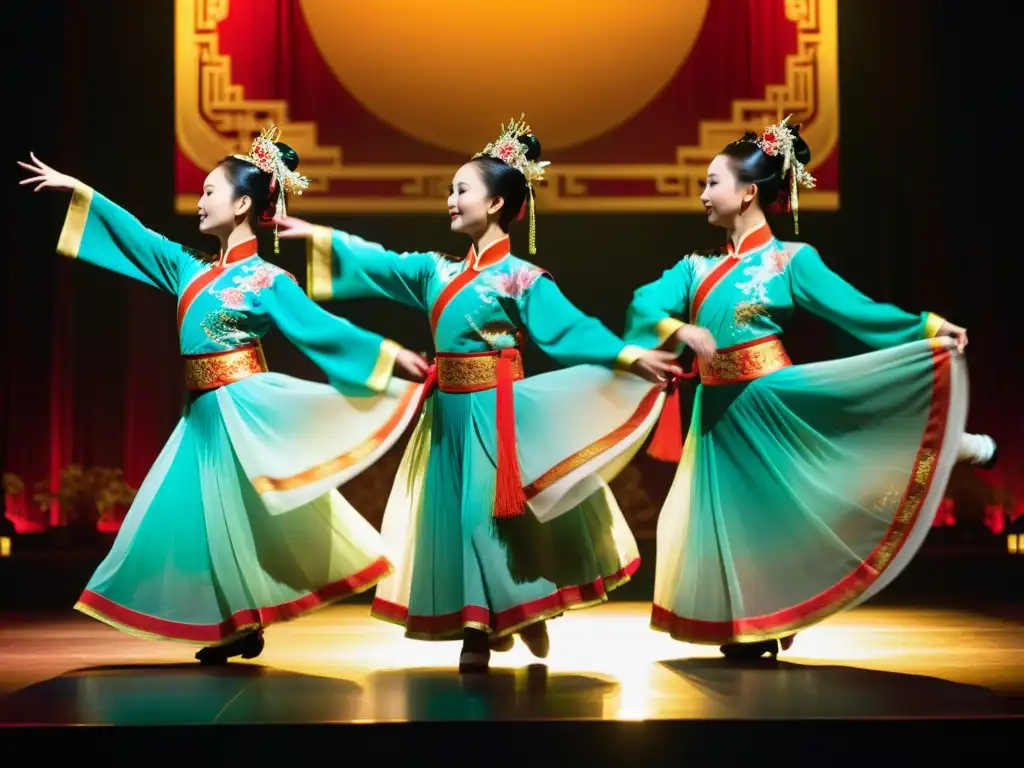 Danzas tradicionales del mundo streaming: Grupo de bailarines chinos en trajes vibrantes, moviéndose con gracia en el escenario iluminado