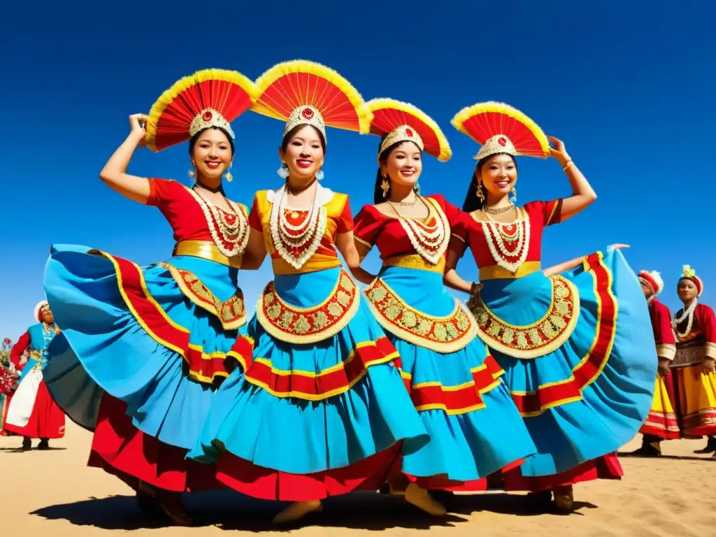 Danzas tradicionales del mundo streaming: Grupo de bailarines de diferentes culturas en trajes vibrantes, bajo el cielo azul