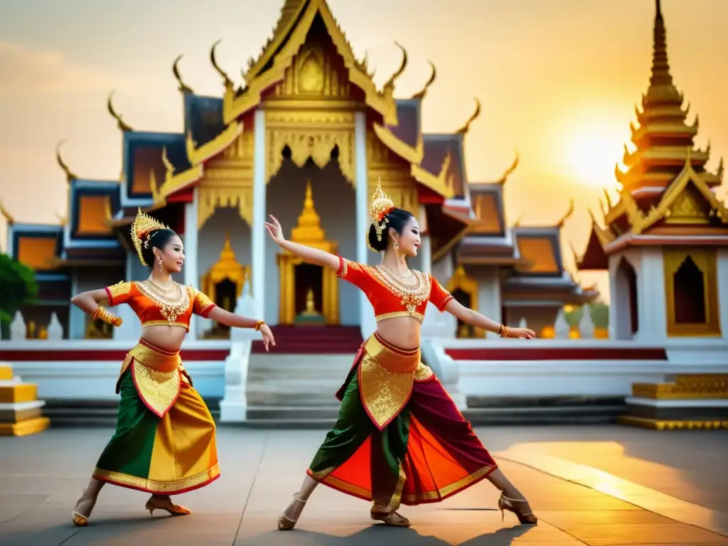 Danzas tradicionales del mundo streaming: Grupo de bailarines tailandeses en trajes vibrantes actuando frente a un templo histórico al atardecer