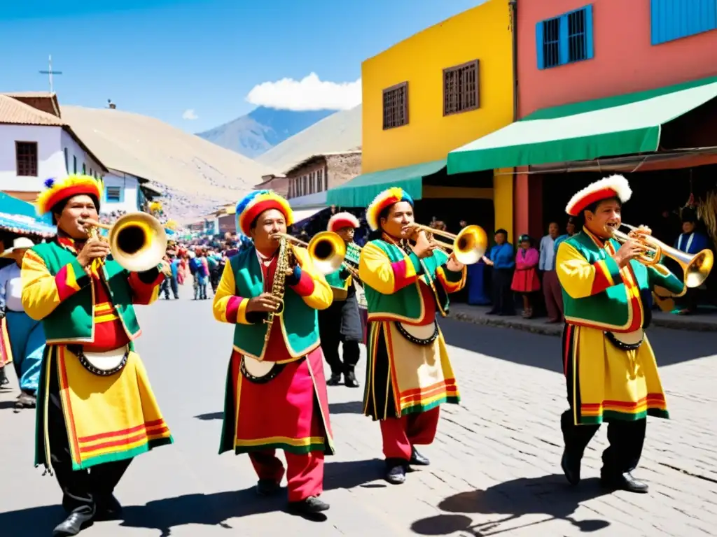 Danzas tradicionales de Bolivia vientos: Músicos andinos en vibrante mercado, llenos de alegría y orgullo cultural