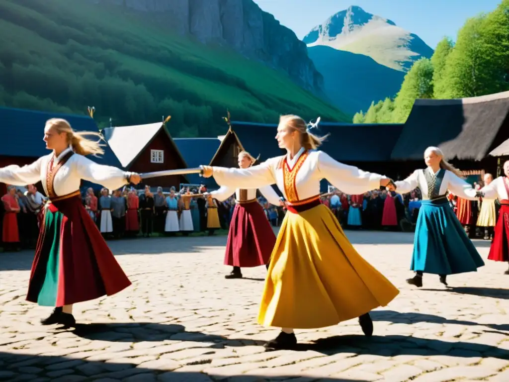 Danzas tradicionales del norte de Europa: Grupo de bailarines nordicos realiza una encantadora danza de espadas en una plaza campestre al atardecer