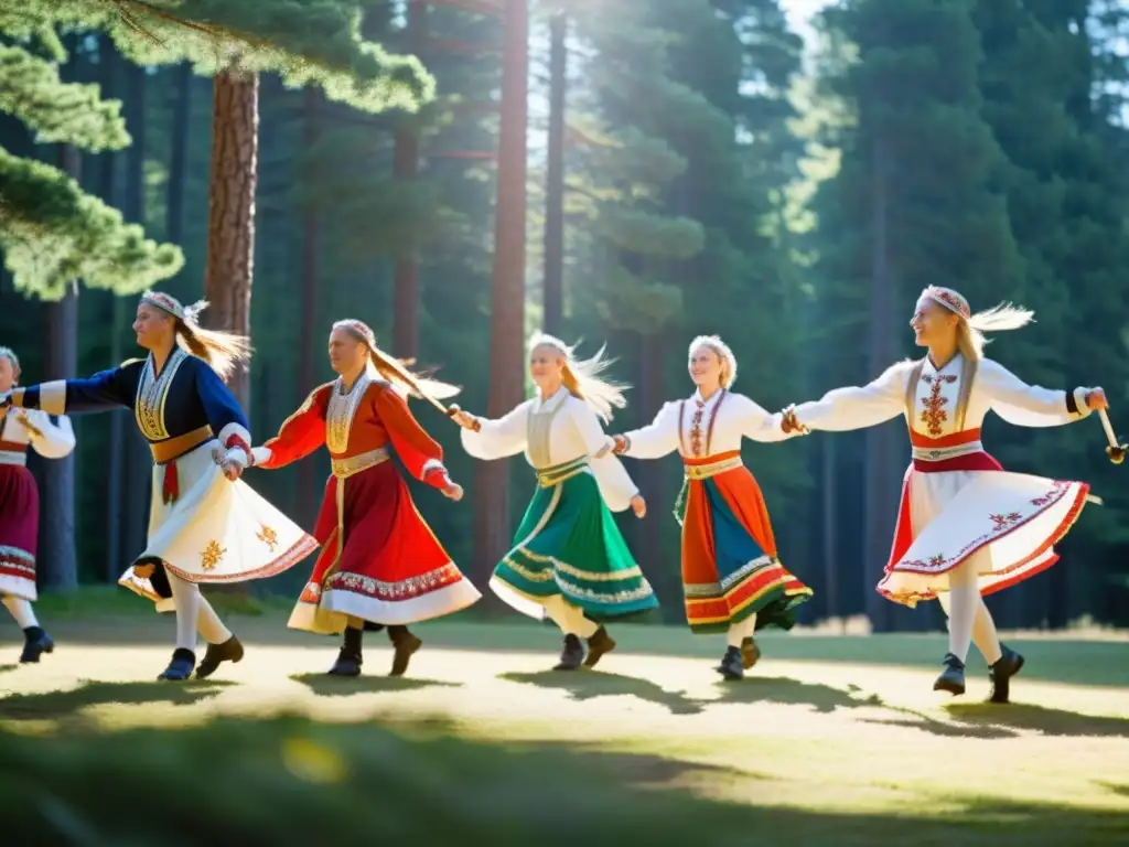 Danzas tradicionales del norte de Europa: Coloridos trajes escandinavos, danza de espadas en el bosque bajo el sol