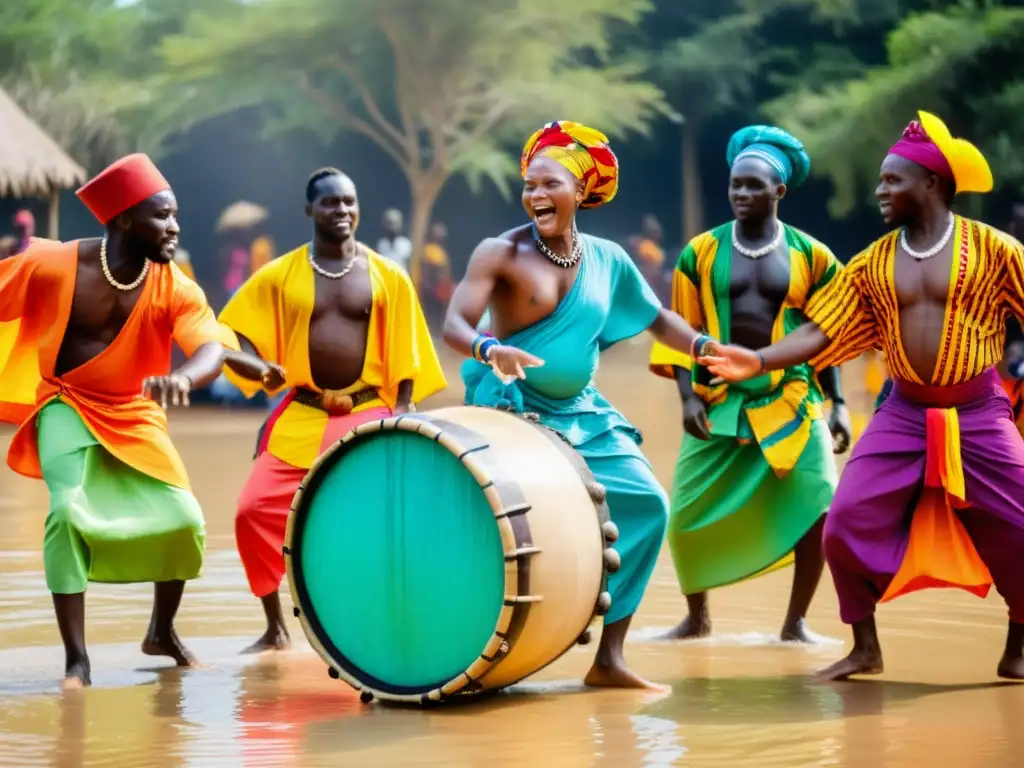 Danzas tradicionales de África Occidental alrededor del tambor de agua, vibrante y lleno de energía