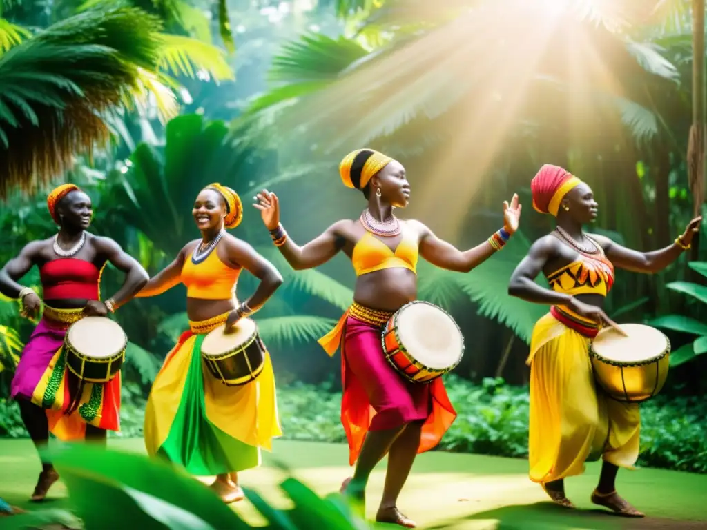 Danzas tradicionales de África Occidental con tambores de agua en un exuberante bosque tropical, evocando una rica herencia cultural