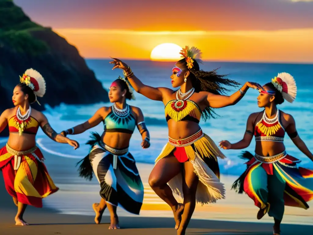 Danzas tradicionales de Oceanía en el cine: Impactante baile con vestimenta colorida frente al océano al atardecer