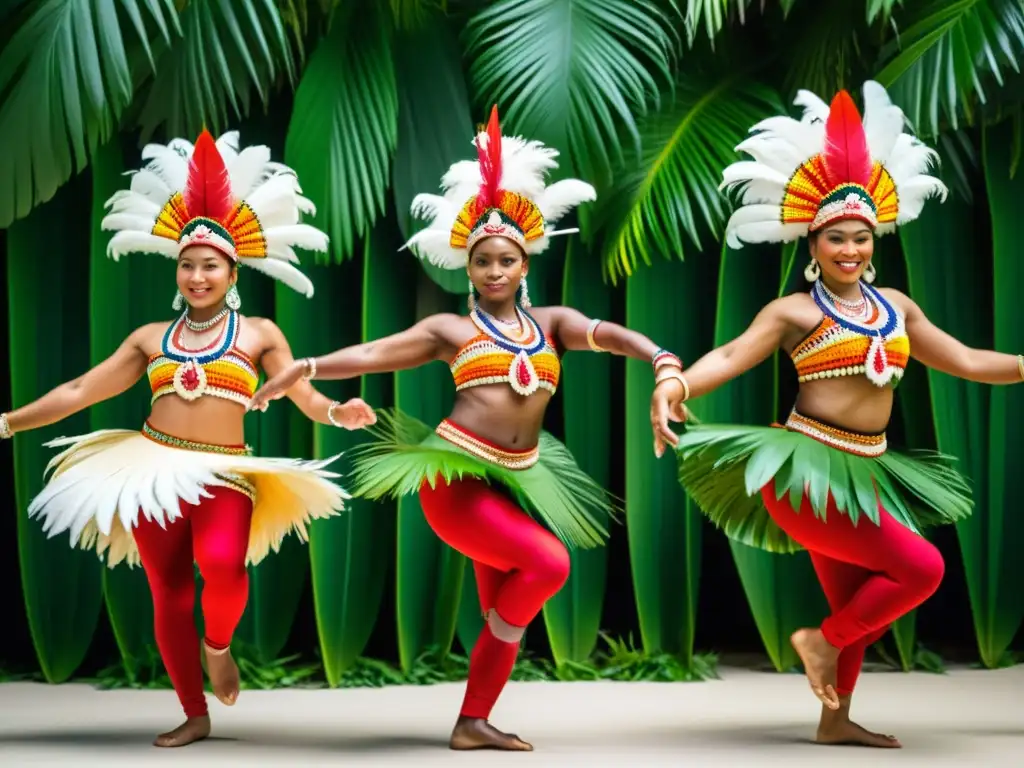 Danzas tradicionales de Oceanía en el cine: Grupo de bailarines con trajes vibrantes ejecutan una danza encantadora entre exuberante follaje tropical