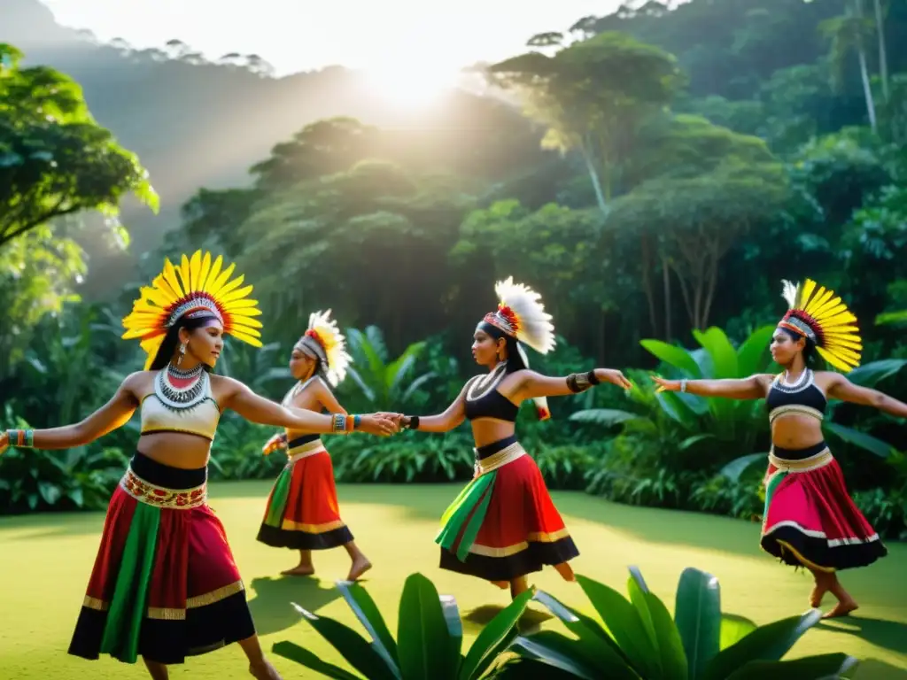 Reconstrucción danzas tradicionales Oceanía: Grupo de bailarines indígenas en trajes vibrantes en la selva tropical, danza ceremonial