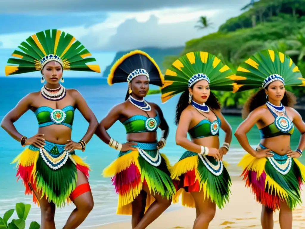 Danzas tradicionales Oceanicas representando la preservación de movimientos ancestrales en un entorno exuberante y espiritual