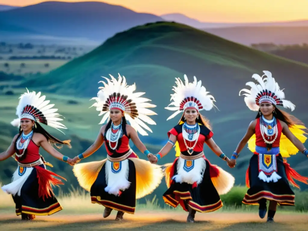 Danzas tradicionales promoviendo paz: Grupo de bailarines indígenas en trajes vibrantes, danza ceremonial en paisaje natural al atardecer