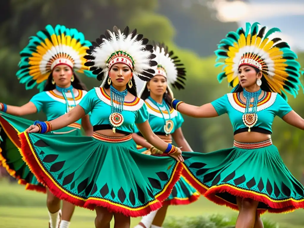 Danzas tradicionales en peligro: grupo de bailarines indígenas ejecutando una danza ceremonial con trajes vibrantes y expresiones llenas de orgullo, en un entorno natural exuberante