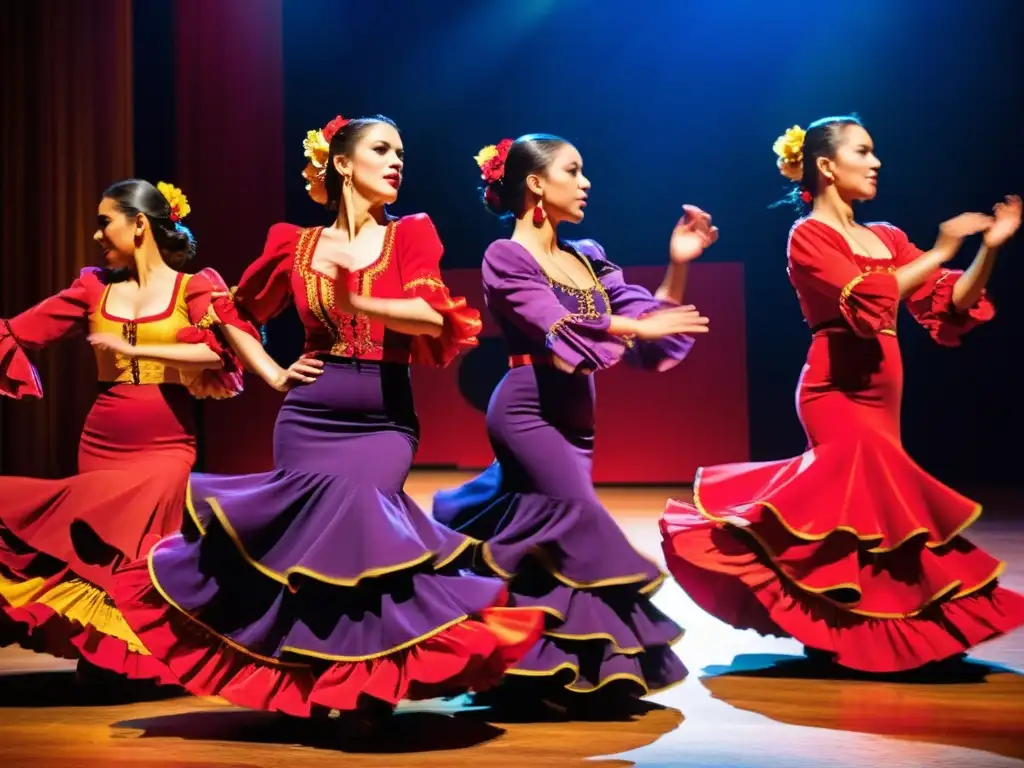 Danzas tradicionales con percusión corporal: Grupo de bailarines de flamenco con trajes vibrantes, movimientos precisos y pasión en escena