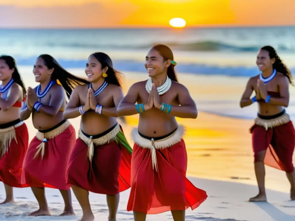 Danzas tradicionales de Kiribati: Grupo bailando en playa al atardecer, con trajes vibrantes y expresiones alegres, rodeados de espectadores