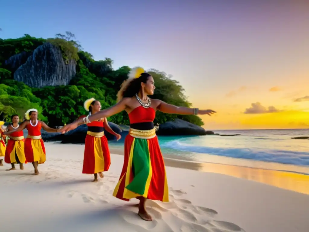 Danzas tradicionales de Nauru en una playa al atardecer, con bailarines y espectadores hipnotizados por la vibrante cultura nauruana