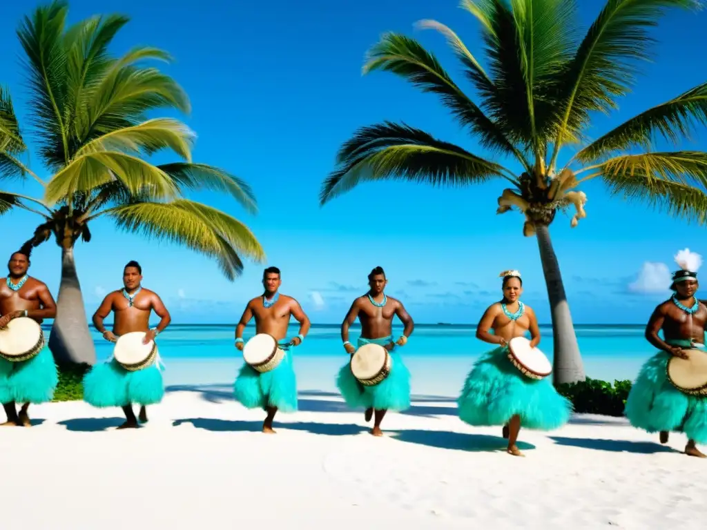 Danzas tradicionales en la playa de un atolón, sonidos isleños en movimientos y colores vibrantes