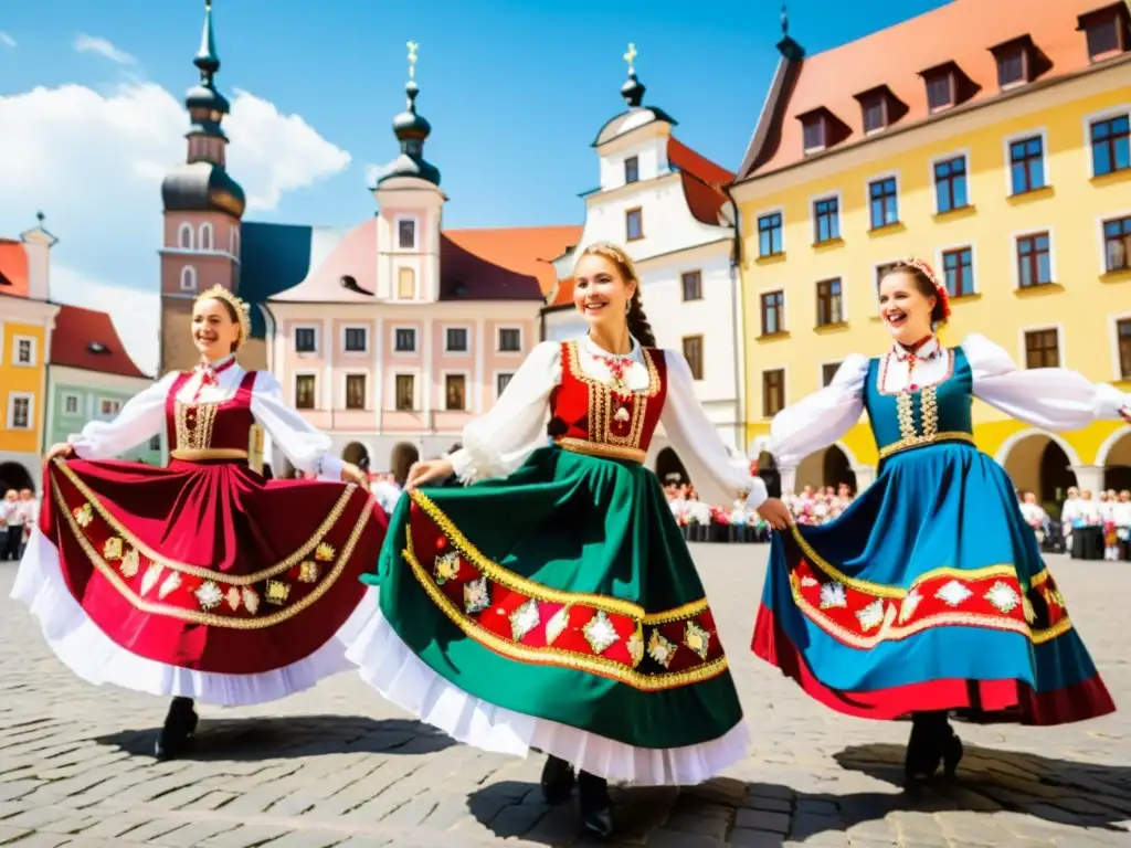 Danzas tradicionales polacas educativas: Grupo de bailarines polacos en trajes vibrantes realizando el Polonez y Mazurka en una plaza histórica