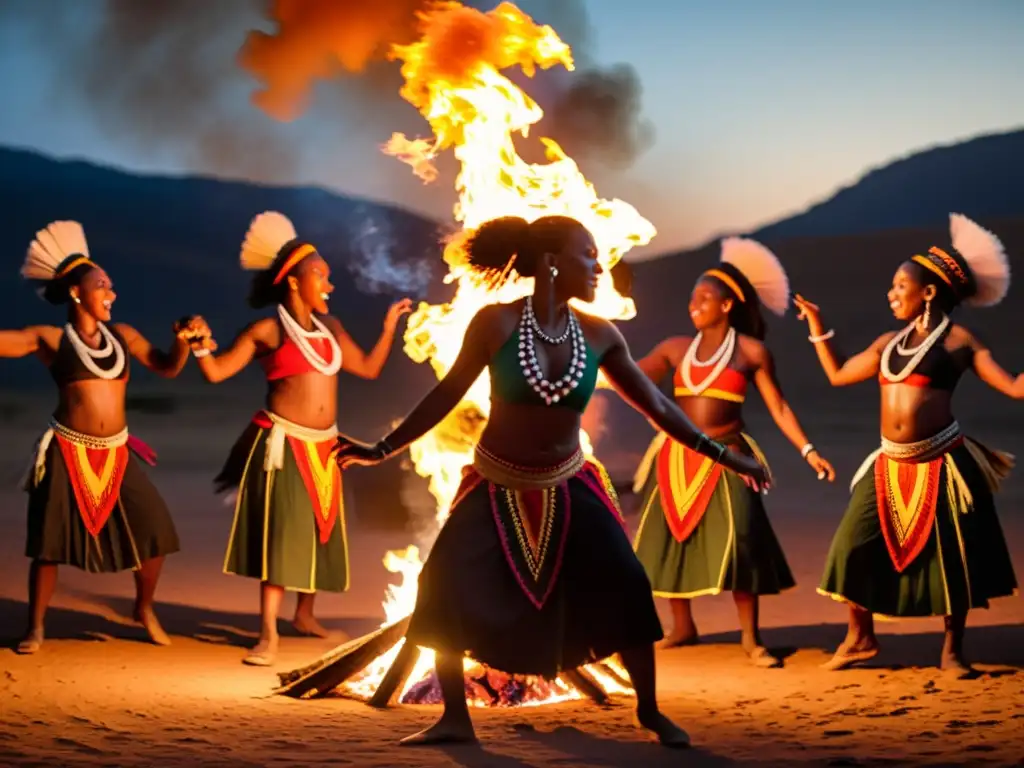 Danzas tradicionales Bwiti Gabón: Practicantes danzando alrededor del fuego en un espacio ceremonial, envueltos en una atmósfera mística y ancestral