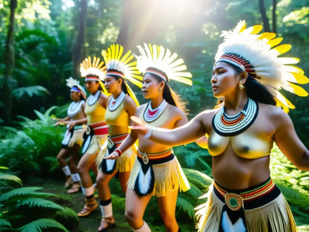 Danzas tradicionales resistencia globalización: Grupo de bailarines indígenas en trajes vibrantes, ejecutando una danza ceremonial en el bosque