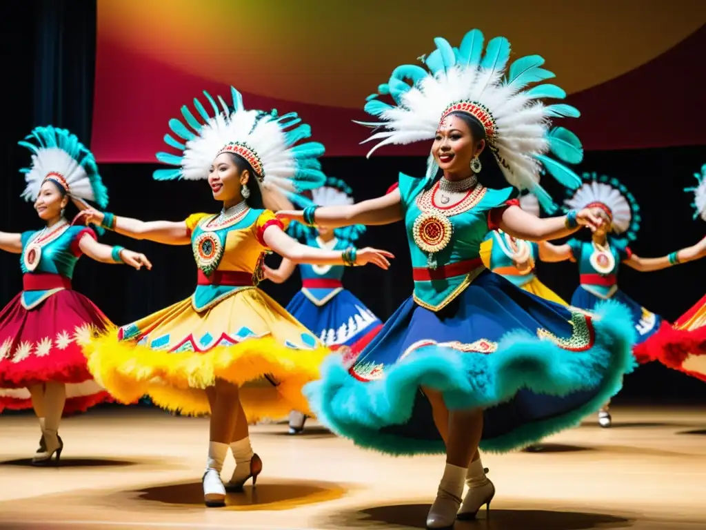 Danzas tradicionales resistencia globalización: Grupo de bailarines con trajes coloridos y detallados, cautivando a una audiencia diversa